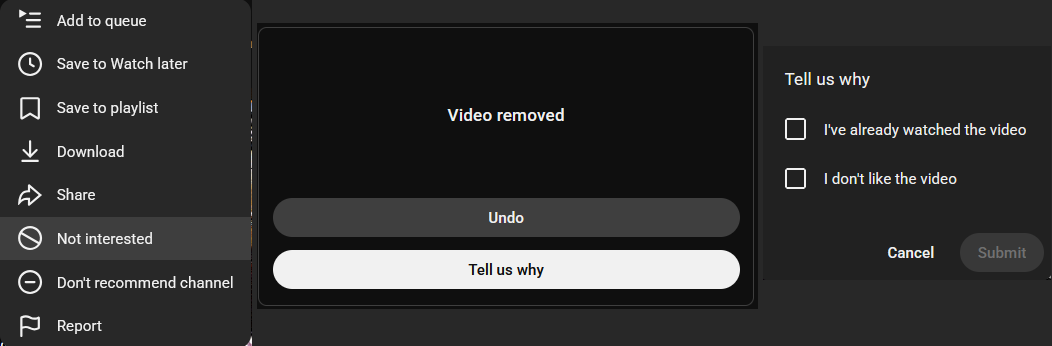 YouTube's multi-step Not interested flow