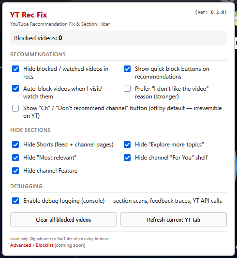 YT Rec Fix popup